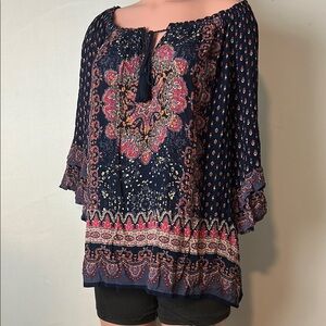bila Top Women’s Floral Boho 3/4 Bell Sleeve Popover Peasant Blouse Size XL